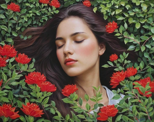 girl lying on the grass,girl in flowers,the sleeping rose,oil painting on canvas,red magnolia,kahila garland-lily,falling flowers,oil painting,coral bush,sleeping rose,girl in the garden,han thom,oil on canvas,magnolia,rosa-sinensis,flower painting,closed eyes,beautiful girl with flowers,red petals,ixora,Illustration,Paper based,Paper Based 10