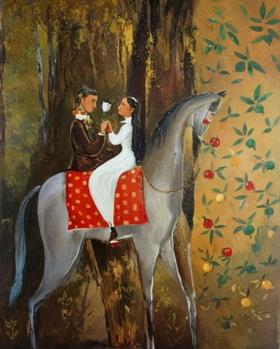 khokhloma painting,hunting scene,horseback,indian art,joan of arc,man and horses,equestrian,endurance riding,balalaika,wall painting,fairy tale character,young couple,cavalry,children's fairy tale,jousting,miss circassian,hipparchia,horse herder,radha,jockey,Common,Common,Cartoon