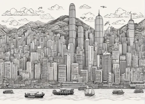 hong kong,hongkong,kowloon city,harbour city,city cities,metropolises,city scape,kowloon,urbanization,city skyline,tall buildings,cities,hand-drawn illustration,cityscape,line drawing,skyline,city blocks,big city,city buildings,star line art,Illustration,Black and White,Black and White 05