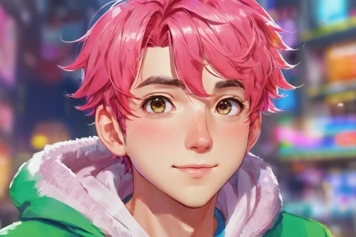 anime boy,candy boy,pink hair,digital painting,pink green,portrait background,luka,chaoyang,city ​​portrait,world digital painting,anime cartoon,malasada,man in pink,2d,pink background,melonpan,hoodie,katsudon,kawaii boy,pink robin,Illustration,Japanese style,Japanese Style 02
