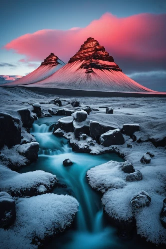 kirkjufell,kirkjufell river,eastern iceland,volcanic landscape,ice landscape,iceland,landscape photography,nordland,volcanic field,water glace,northen lights,fantasy landscape,antarctic flora,lava,antarctica,volcano,glacial melt,antarctic,seljalandsfoss,lava flow,Illustration,Retro,Retro 11