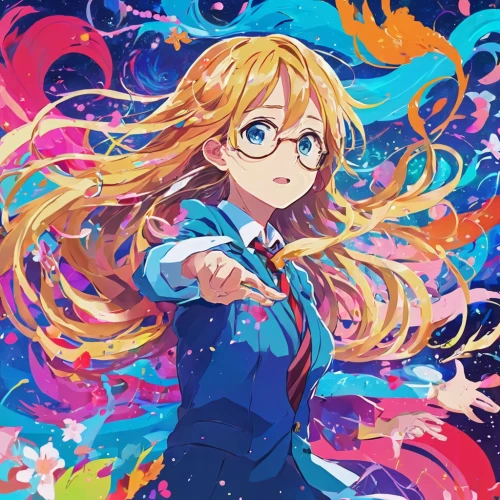 tsumugi kotobuki k-on,violet evergarden,colorful background,colorful doodle,rainbow background,persona,portrait background,color glasses,spectacles,nico,colorful heart,colorful floral,colorful stars,darjeeling,illustrator,with glasses,color background,floral background,rainbow pencil background,cg artwork,Conceptual Art,Oil color,Oil Color 23