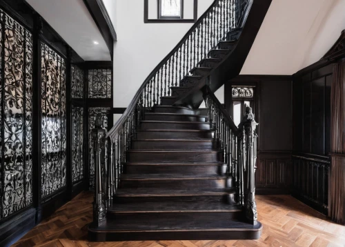 wooden stair railing,patterned wood decoration,outside staircase,wooden stairs,winding staircase,staircase,wrought iron,stairwell,circular staircase,brownstone,steel stairs,stair,ornamental dividers,black and white pattern,stairs,spanish tile,stairway,hallway,hallway space,baluster,Illustration,Realistic Fantasy,Realistic Fantasy 46