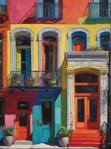 colorful facade,row houses,facade painting,colorful city,notting hill,house painting,burano,new orleans,burano island,fitzroy,townhouses,apartment house,french quarters,sicily window,balconies,italian painter,facades,houses clipart,harmony of color,saturated colors,Conceptual Art,Oil color,Oil Color 25