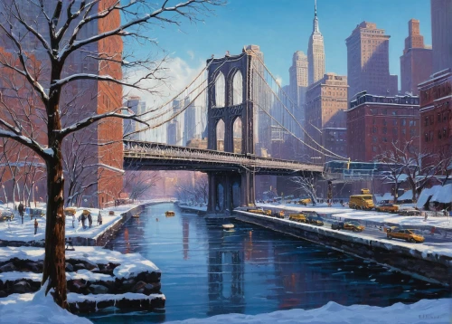 snow bridge,new york,newyork,brooklyn bridge,manhattan bridge,winter landscape,snowy landscape,snow landscape,snow scene,bridges,central park,david bates,christmas landscape,manhattan,city scape,new york city,santiago calatrava,ny,tied-arch bridge,stone arch,Illustration,Retro,Retro 14