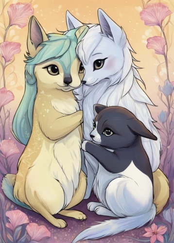 trio,foxes,kawaii animals,bellflower family,cat family,lily family,three friends,kitsune,nightshade family,friendly three,capricorn kitz,three flowers,sun and moon,magnolia family,felines,calochortus,doves of peace,wolf couple,cute animals,round kawaii animals,Illustration,Abstract Fantasy,Abstract Fantasy 03