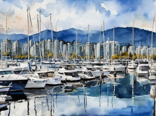 vancouver,false creek,old city marina,boat harbor,sailboats,boats in the port,harbor,sailing boats,boats,boats and boating--equipment and supplies,british columbia,harbour,harbour city,boat landscape,docks,boat yard,harbor area,yacht club,marina,world digital painting,Illustration,Paper based,Paper Based 25