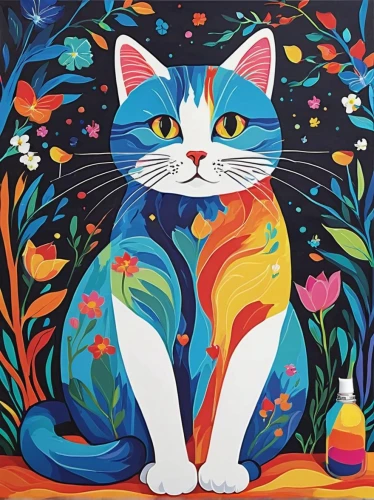 cat vector,cat on a blue background,calico cat,painting pattern,cartoon cat,flower cat,colorful background,drawing cat,cat image,watercolor cat,glass painting,fabric painting,japanese bobtail,cat european,adobe illustrator,seamless pattern,shower curtain,colored pencil background,domestic cat,feline,Illustration,Children,Children 06