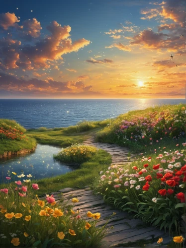sea of flowers,landscape background,sea landscape,coastal landscape,fantasy landscape,blooming field,full hd wallpaper,field of flowers,flower field,beautiful landscape,nature landscape,landscape with sea,meadow landscape,springtime background,an island far away landscape,flower background,beach landscape,seascape,home landscape,splendor of flowers,Photography,General,Natural