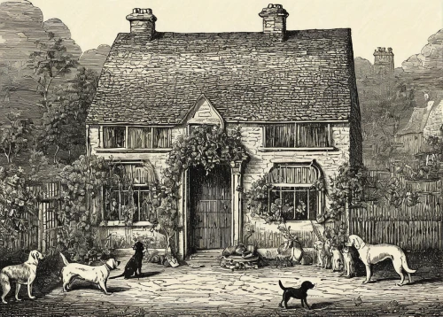 kennel club,lincoln's cottage,old english terrier,old english sheepdog,country cottage,fox and hare,cottages,kennel,dog house,dog illustration,hanover hound,sussex,animal lane,landseer,cottage,cambridgeshire,parson russell terrier,thatched cottage,garden elevation,country house,Art,Classical Oil Painting,Classical Oil Painting 39