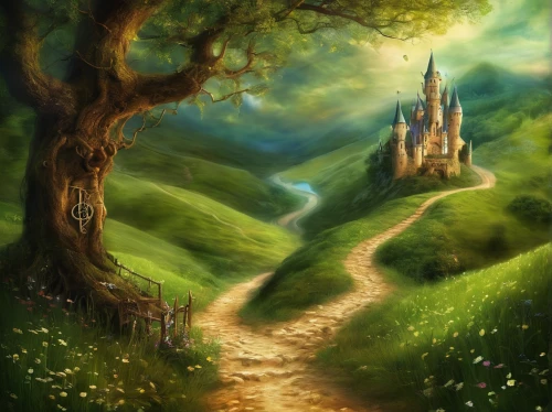 fantasy landscape,fantasy picture,the mystical path,pathway,forest path,the path,fairy tale,fairy forest,a fairy tale,fairytale,elven forest,hiking path,fairytale forest,world digital painting,fairy world,fantasy art,enchanted forest,hogwarts,fairy tale castle,path,Illustration,Realistic Fantasy,Realistic Fantasy 37