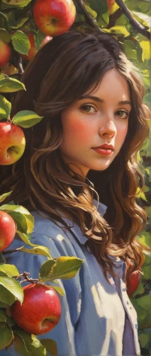 girl picking apples,woman eating apple,acerola,laurel cherry,apple harvest,apple orchard,apple trees,apple tree,picking apple,girl with tree,apple picking,orchards,red apples,rose hip oil,rowanberries,pluot,peach tree,apples,horse chestnut red,orchard,Conceptual Art,Oil color,Oil Color 17