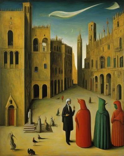 the pied piper of hamelin,contemporary witnesses,italian painter,medieval market,medieval street,hamelin,bellini,street scene,the annunciation,surrealism,candlemas,pentecost,itinerant musician,procession,townscape,travelers,saint mark,pilgrims,venice square,volterra,Illustration,Abstract Fantasy,Abstract Fantasy 16