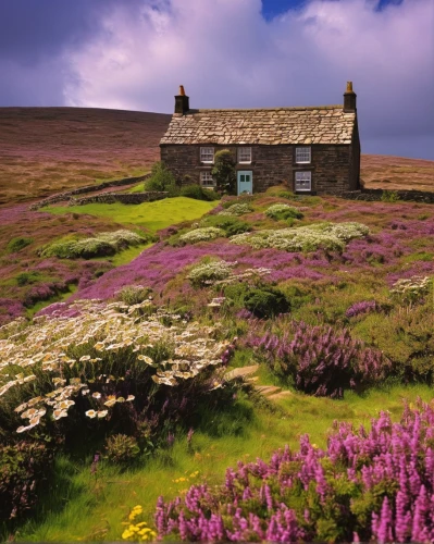 purple landscape,stone house,moorland,country cottage,yorkshire dales,orkney island,north yorkshire moors,common heather,peak district,stone houses,summer cottage,home landscape,yorkshire,country house,ancient house,northern ireland,cottage,peat house,scotland,toll house,Art,Artistic Painting,Artistic Painting 30