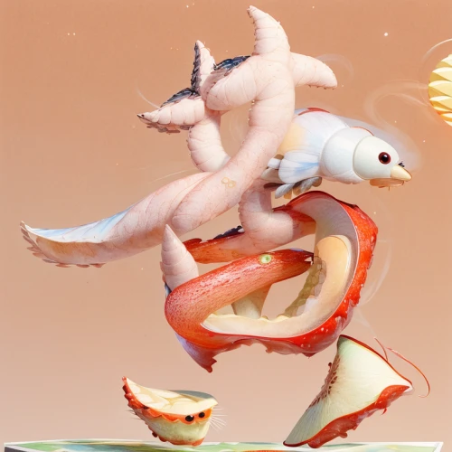 whimsical animals,fishbones,sushi art,koi,3d figure,frog figure,figurines,3d fantasy,koi fish,salmon-like fish,ceviche,3d render,goldfish,seafood,白斩鸡,bony-fish,fish,merfolk,flamingo couple,yo-kai