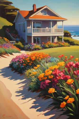 summer cottage,seaside country,home landscape,sea beach-marigold,cottage,house painting,carmel by the sea,dunes house,beach house,seaside daisy,beach landscape,dune ridge,seaside view,cape marguerites,flower painting,beach hut,seaside resort,coastal landscape,california,sea of flowers,Conceptual Art,Daily,Daily 12