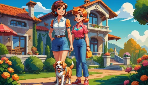 game illustration,walking dogs,dog illustration,dog walking,companion dog,dog street,childhood friends,dog walker,two girls,daisy family,lily family,summer evening,birch family,go for a walk,kids illustration,strolling,outside,stroll,summer day,girl with dog,Unique,Pixel,Pixel 05