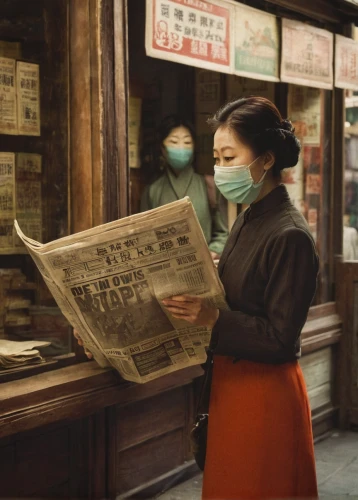blonde woman reading a newspaper,people reading newspaper,newspaper reading,newspaper delivery,newspapers,reading the newspaper,watercolor shops,vintage asian,readers,japanese woman,pollution mask,luo han guo,girl studying,little girl reading,watercolor tea shop,han thom,meticulous painting,world digital painting,oriental painting,girl in a historic way,Art,Classical Oil Painting,Classical Oil Painting 44