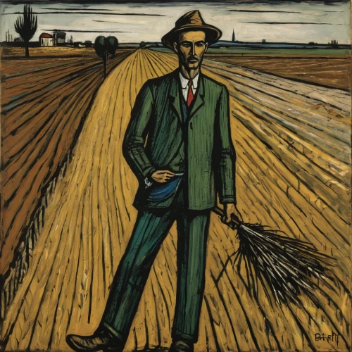 vincent van gough,david bates,farmer,standing man,vincent van gogh,winemaker,straw field,agriculture,cool woodblock images,farmworker,man with umbrella,walking man,straw harvest,woman of straw,straw man,agricultural,threshing,post impressionism,advertising figure,cultivated field,Art,Artistic Painting,Artistic Painting 01