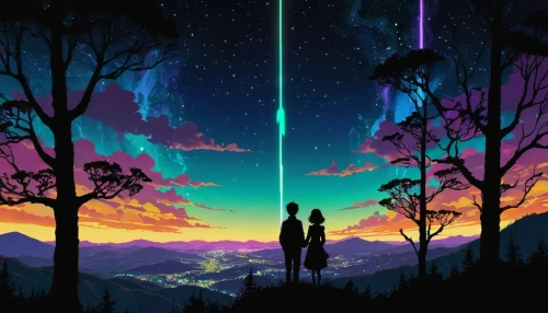 rainbow and stars,couple silhouette,falling stars,dusk background,silhouette art,hanging stars,night sky,would a background,stargazing,background screen,the night sky,travelers,shooting star,neon arrows,shooting stars,twilight,art background,love background,night stars,map silhouette,Illustration,Japanese style,Japanese Style 14