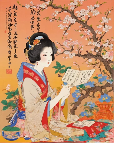 oriental painting,geisha,erhu,siu mei,kimono fabric,plum blossoms,chinese art,geisha girl,tai qi,plum blossom,oriental princess,apricot blossom,japanese art,oriental girl,rou jia mo,honzen-ryōri,shakuhachi,qi-gong,luo han guo,japanese woman,Unique,Pixel,Pixel 05