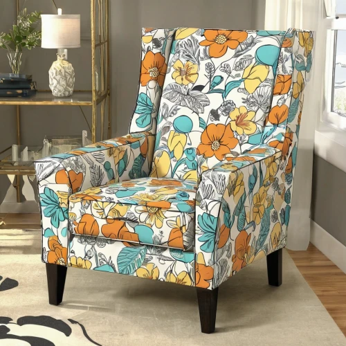 floral chair,wing chair,slipcover,armchair,sofa set,loveseat,chair png,orange floral paper,upholstery,soft furniture,candy corn pattern,teal and orange,sleeper chair,new concept arms chair,rocking chair,seating furniture,floral mockup,flower fabric,recliner,carrot pattern,Illustration,American Style,American Style 13