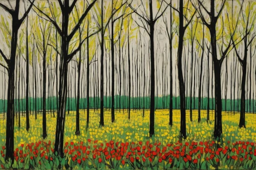 wild tulips,forest landscape,tulips field,tree grove,tulip field,copse,deciduous forest,row of trees,springtime background,birch forest,tulip fields,spring meadow,forest background,saplings,daffodil field,meadow and forest,forest ground,david bates,early spring,spring background,Art,Artistic Painting,Artistic Painting 01