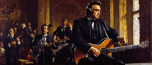 philharmonic orchestra,concertmaster,orchestra,orchesta,twelve apostle,symphony orchestra,guitar player,bouzouki,concert guitar,musicians,abraham lincoln,salvador guillermo allende gossens,jazz guitarist,guitarist,album cover,arpeggione,cd cover,overtone empire,benito juarez,barberini,Art,Classical Oil Painting,Classical Oil Painting 42