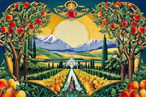 fruit fields,garden of eden,pachamama,vegetable field,the order of the fields,fruit of the sun,tulip field,khokhloma painting,kundalini,prosperity and abundance,tulip fields,vegetables landscape,el salvador dali,orchards,agricultural,mantra om,khamsa,apple harvest,agriculture,the fruit,Illustration,Vector,Vector 16