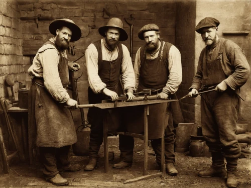 deadwood,craftsmen,miners,shepherd's staff,blacksmith,workers,revolvers,mexican revolution,cowboys,musketeers,workhouse,kettledrums,blue-collar,quarterstaff,wrenches,bruges fighters,welders,gold mining,western film,gunsmith,Art,Classical Oil Painting,Classical Oil Painting 06