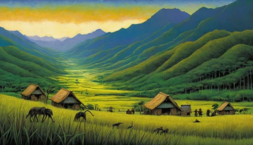 basotho,khokhloma painting,ricefield,rice fields,the rice field,alpine pastures,yamada's rice fields,rice terrace,mountain village,mountain scene,rural landscape,pachamama,indigenous painting,home landscape,salt meadow landscape,rice field,yellow grass,rice paddies,grasslands,ha giang,Illustration,Abstract Fantasy,Abstract Fantasy 09