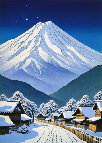 japanese mountains,fuji,fuji mountain,japan landscape,mount fuji,snow landscape,christmas landscape,korean village snow,cool woodblock images,snow scene,mt fuji,japanese art,snowy landscape,mountain scene,snow mountain,japanese alps,winter landscape,fujiyama,japanese background,winter village,Illustration,Black and White,Black and White 22