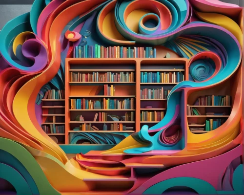 spiral book,colorful spiral,bookshelves,bookshelf,books,library book,fractals art,bookcase,colorful foil background,music books,bookworm,book wall,digitization of library,psychedelic art,sci fiction illustration,books pile,book pages,spiral binding,the books,book electronic,Illustration,Realistic Fantasy,Realistic Fantasy 39