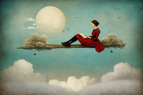tightrope walker,equilibrist,dreams catcher,woman thinking,hanging moon,tightrope,girl in a long,moon in the clouds,flying girl,dreaming,flying seed,balancing act,equilibrium,dreams,dreamland,dream world,sci fiction illustration,adrift,cloud play,surrealistic,Illustration,Realistic Fantasy,Realistic Fantasy 35