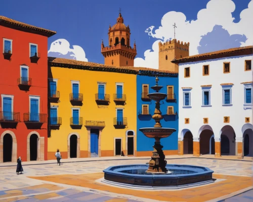 city unesco heritage trinidad cuba,guanajuato,city fountain,plaza de armas,aix-en-provence,venice square,malaga,cusco,spanish tile,blauara,townscape,santiago di cuba,seville,spain,alghero,italian painter,vencel square,grand bleu de gascogne,majorelle blue,colorful city,Conceptual Art,Sci-Fi,Sci-Fi 23