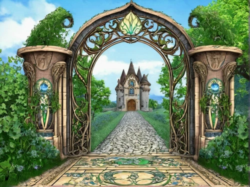 garden door,farm gate,fairy tale castle,gateway,portal,cartoon video game background,the threshold of the house,wood gate,front gate,rose arch,iron gate,entry path,the mystical path,clove garden,archway,pathway,fairy door,gate,fence gate,entry forbidden,Illustration,Retro,Retro 13