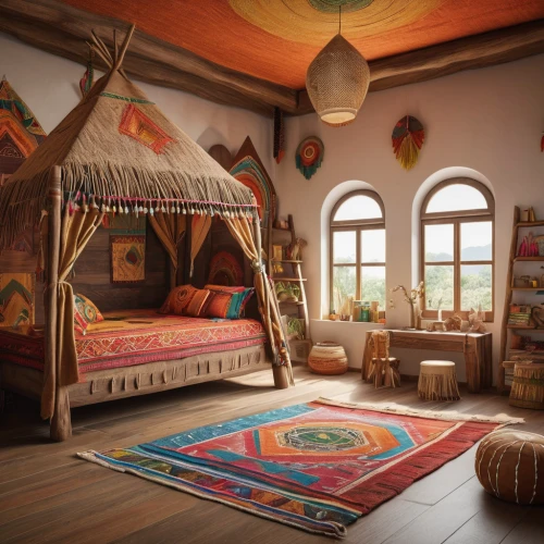 children's bedroom,indian tent,gypsy tent,russian folk style,traditional house,kids room,yurts,tipi,the little girl's room,boho art,ornate room,children's room,boho,sleeping room,bohemian,wooden floor,children's interior,interior decor,great room,ethnic design,Photography,General,Natural