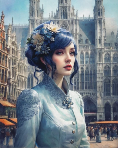 victorian lady,delft,fantasy portrait,vintage girl,baroque angel,vintage woman,romantic portrait,girl in a historic way,cinderella,world digital painting,steampunk,rococo,city ​​portrait,the hat of the woman,gothic portrait,fantasy art,baroque,spring crown,venetia,artemisia,Illustration,Realistic Fantasy,Realistic Fantasy 15