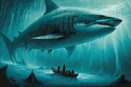 great white shark,god of the sea,requiem shark,jaws,poseidon,shark,big wave,blue whale,whaler,big-game fishing,orca,the storm of the invasion,giant fish,sea monsters,cetacea,fantasy picture,nature's wrath,cube sea,tiger shark,giant dolphin,Illustration,Paper based,Paper Based 18