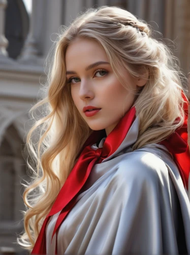 red coat,red cape,cool blonde,blonde woman,poppy red,imperial coat,academic dress,silk red,social,bolero jacket,blonde girl,red gown,blonde girl with christmas gift,black coat,red,lady in red,coat,female model,long blonde hair,model beauty,Conceptual Art,Daily,Daily 01