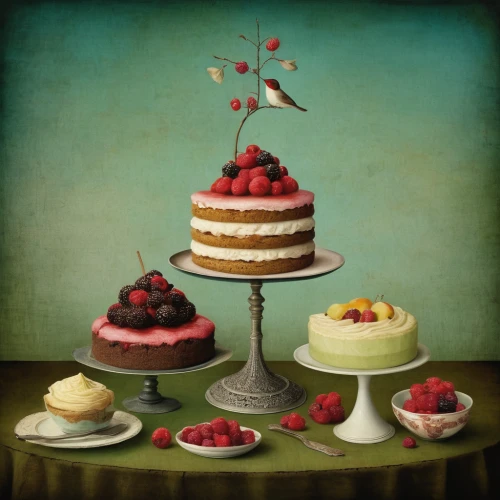 cake stand,thirteen desserts,currant cake,cherrycake,fruit cake,food styling,mixed fruit cake,tea party collection,strawberries cake,cake decorating supply,strawberrycake,still-life,cassata,cake buffet,syllabub,desserts,confectioner,fruit pie,wedding cakes,fruit plate,Illustration,Realistic Fantasy,Realistic Fantasy 35