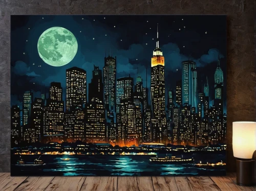 new york skyline,manhattan skyline,city skyline,cityscape,city lights,city at night,night scene,chicago skyline,glow in the dark paint,city scape,art painting,fireworks art,oil painting on canvas,moon and star background,manhattan,big apple,fabric painting,skyline,citylights,glass painting,Illustration,Black and White,Black and White 02