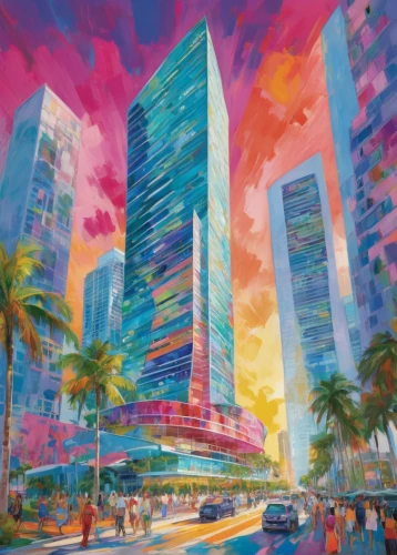 colorful city,miami,world digital painting,honolulu,fort lauderdale,sky city,skyscrapers,south beach,harbour city,copacabana,cityscape,city scape,art painting,colorful light,costanera center,business district,vedado,fantasy city,tel aviv,abstract corporate,Conceptual Art,Oil color,Oil Color 25
