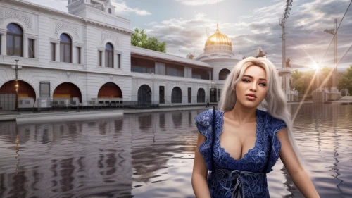 the blonde in the river,girl on the river,venetian,waterside,water palace,digital compositing,riverside,waterfront,peterhof,white temple,3d rendering,girl on the boat,hallia venezia,venetian hotel,venetia,bangkok,moscow 3,samara,3d rendered,miss circassian
