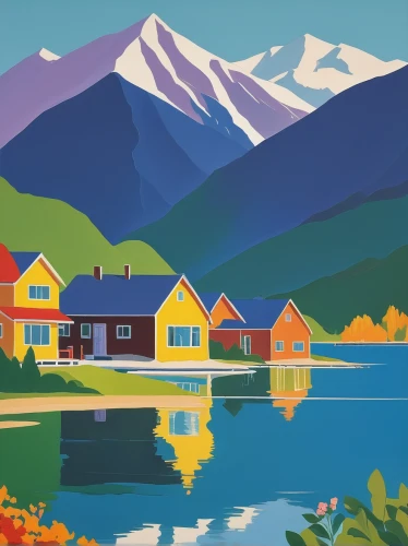 scandinavia,fjords,houses clipart,sognefjord,icelandic houses,yukon territory,home landscape,ushuaia,house with lake,mountain huts,autumn mountains,alaska,nordland,landscape background,scandinavian style,norway,house in mountains,summer cottage,house by the water,alpine village,Conceptual Art,Oil color,Oil Color 13