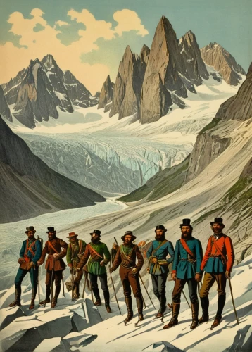 ski mountaineering,mountaineers,baffin island,skiers,grosser aletsch glacier,trekking poles,ski touring,forest workers,mountain rescue,glaciers,crampons,alpine crossing,the glacier,karakoram,gorner glacier,nordland,mountain guide,south pole,travel poster,alpine hats,Illustration,American Style,American Style 10