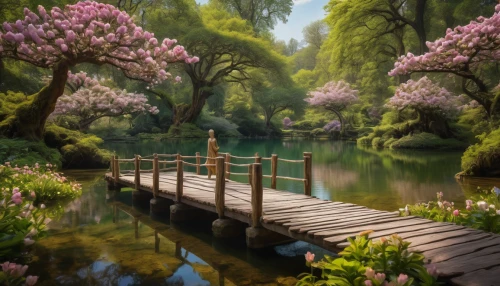 sakura trees,japanese cherry trees,spring nature,wooden bridge,springtime background,japanese sakura background,japan landscape,blossom tree,sakura tree,fantasy landscape,spring background,cherry blossom tree,fairy forest,flowering trees,spring blossoms,the cherry blossoms,spring blossom,fairytale forest,beautiful landscape,blooming trees,Photography,General,Natural