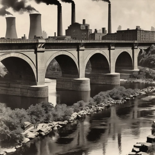 smoke stacks,stone arch,industrial landscape,smokestack,valley mills,cooling towers,chimneys,ferrybridge,vintage photo,sweeping viaduct,coal-fired power station,environmental pollution,railroad bridge,power plant,1950s,coal fired power plant,industrial smoke,1940s,viaduct,minneapolis,Illustration,Realistic Fantasy,Realistic Fantasy 21