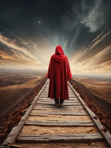 red cape,red coat,caped,journey,hooded man,road of the impossible,photo manipulation,train of thought,conceptual photography,cloak,red riding hood,red super hero,the mystical path,cape,man in red dress,photomanipulation,photoshop manipulation,road to nowhere,a journey of discovery,the path,Photography,Documentary Photography,Documentary Photography 32