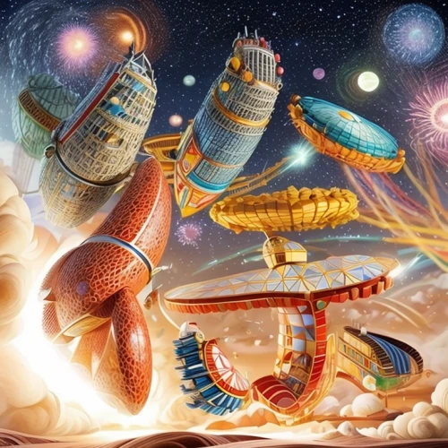 fantasy art,ancient parade,sci fiction illustration,sea fantasy,fantasy picture,planetary system,space ships,extraterrestrial life,alien world,3d fantasy,spaceships,airships,alien planet,centipede,astral traveler,marine gastropods,mid-autumn festival,travelers,space art,psychedelic art